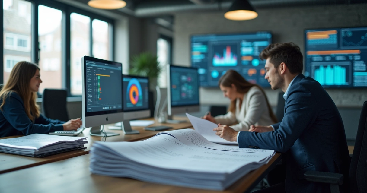 Ambiente de escritório contábil com pessoas trabalhando em computadores, documentos organizados e gráficos na parede 