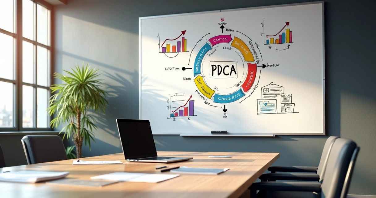 Quadro branco mostrando o ciclo PDCA com fluxos e gráficos em escritório corporativo moderno 