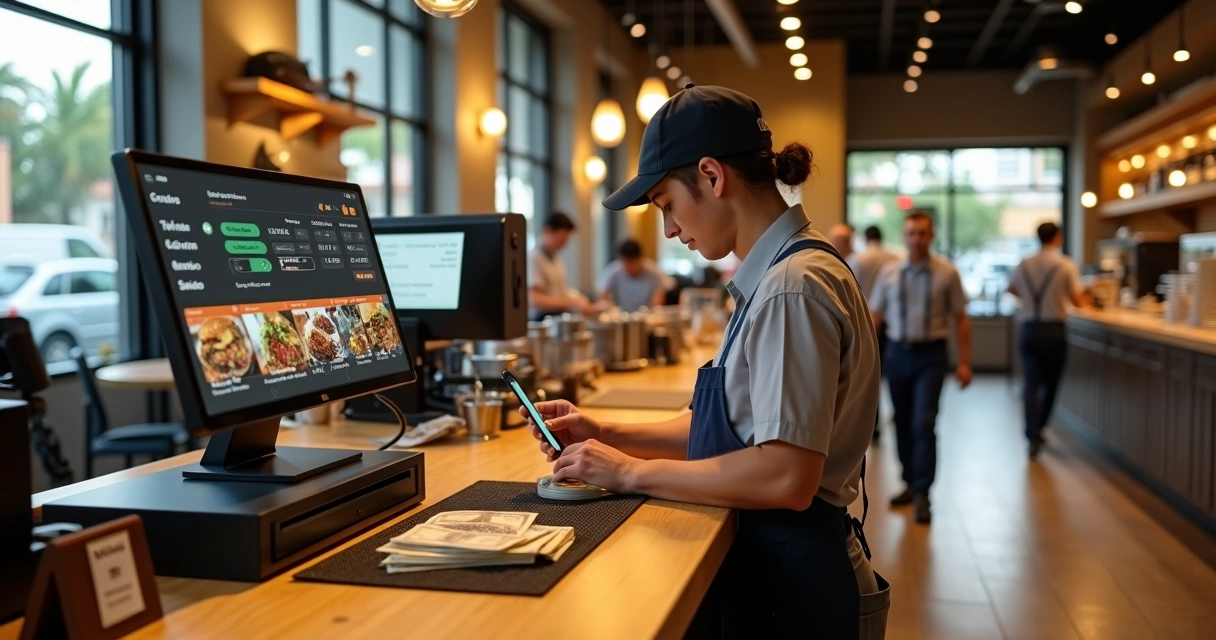 Gerente de restaurante organizando pedidos em sistema digital no início do expediente 