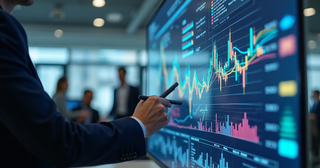 Gestor financeiro atualizando indicadores de risco em painel digital 