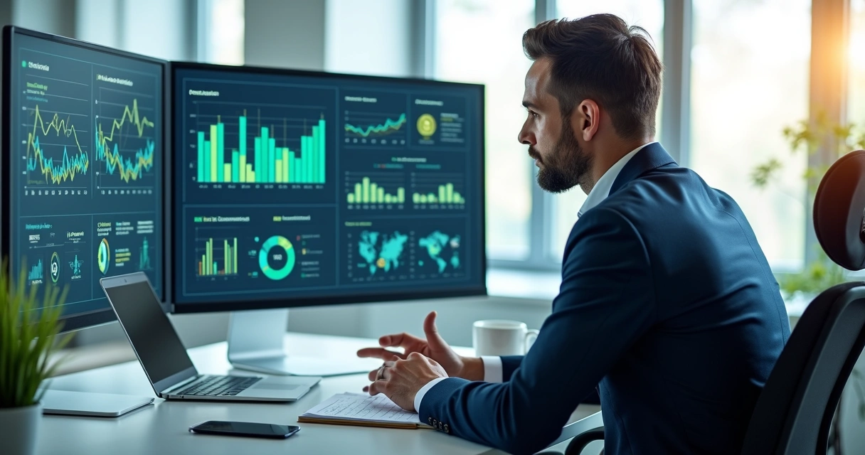 Profissional analisando gráficos e indicadores de desempenho em tela digital sobre gestão de saúde terceirizada 