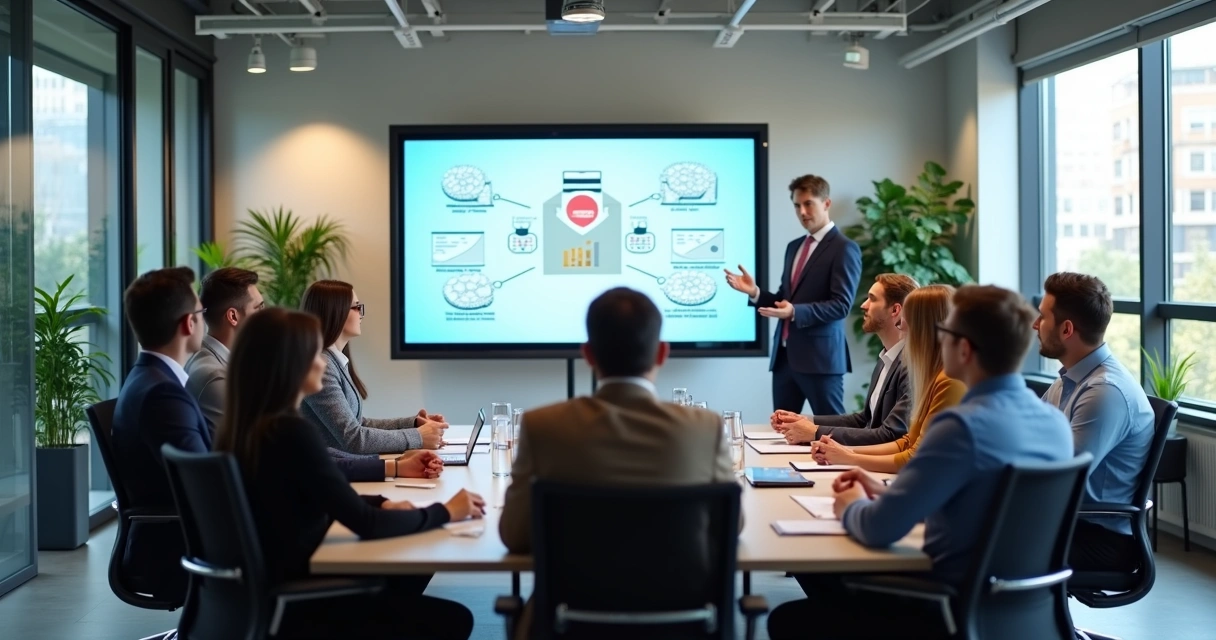 Profissional de saúde mental orientando equipe em ambiente corporativo moderno