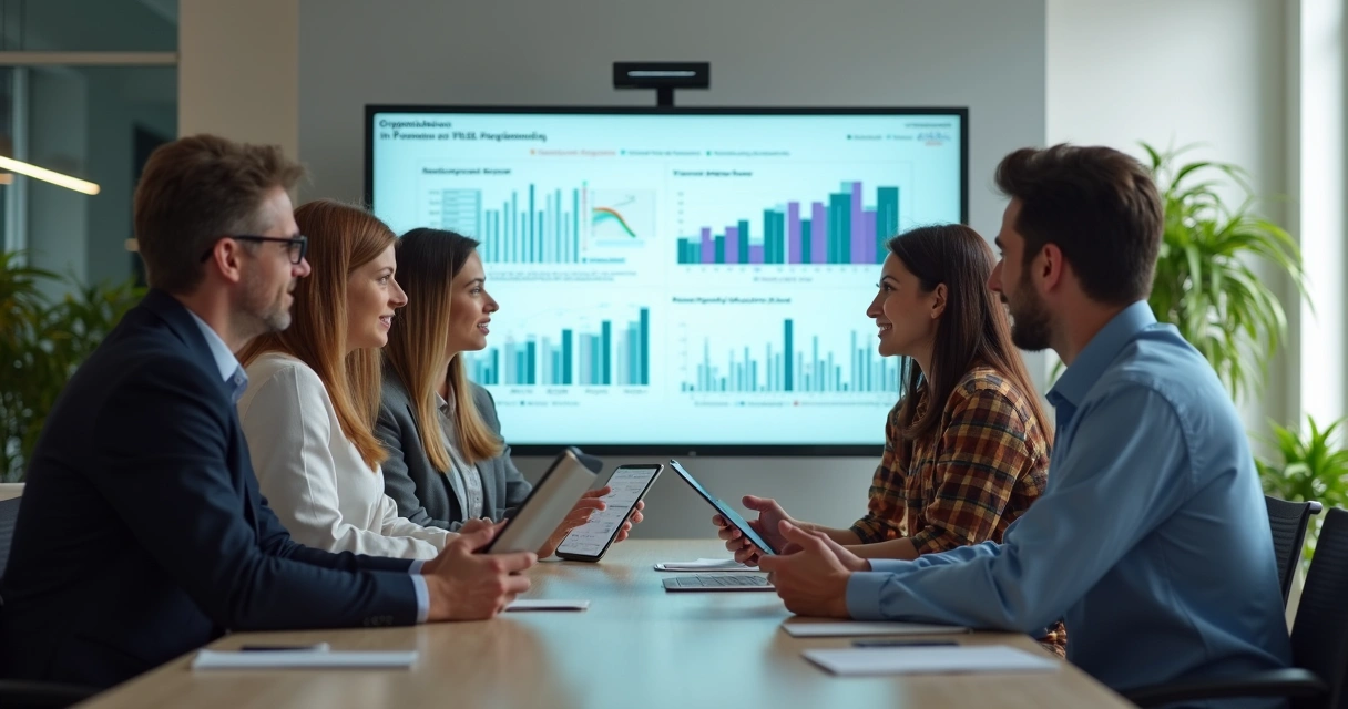 Equipe de RH analisando gráficos de saúde organizacional 
