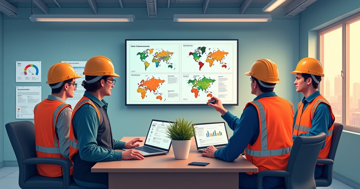 Grupos de trabalhadores com equipamentos de proteção, analisando mapas de riscos em ambiente corporativo 