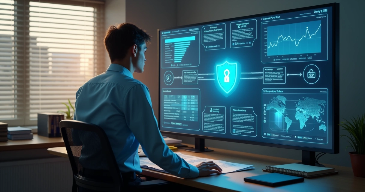 Gestor escolar analisando painel digital de segurança de dados escolares 