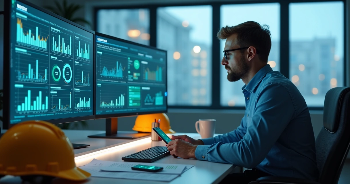 Profissional técnico de segurança do trabalho usando laptop em escritório moderno com telas digitais mostrando gráficos de segurança e indicadores HSE 