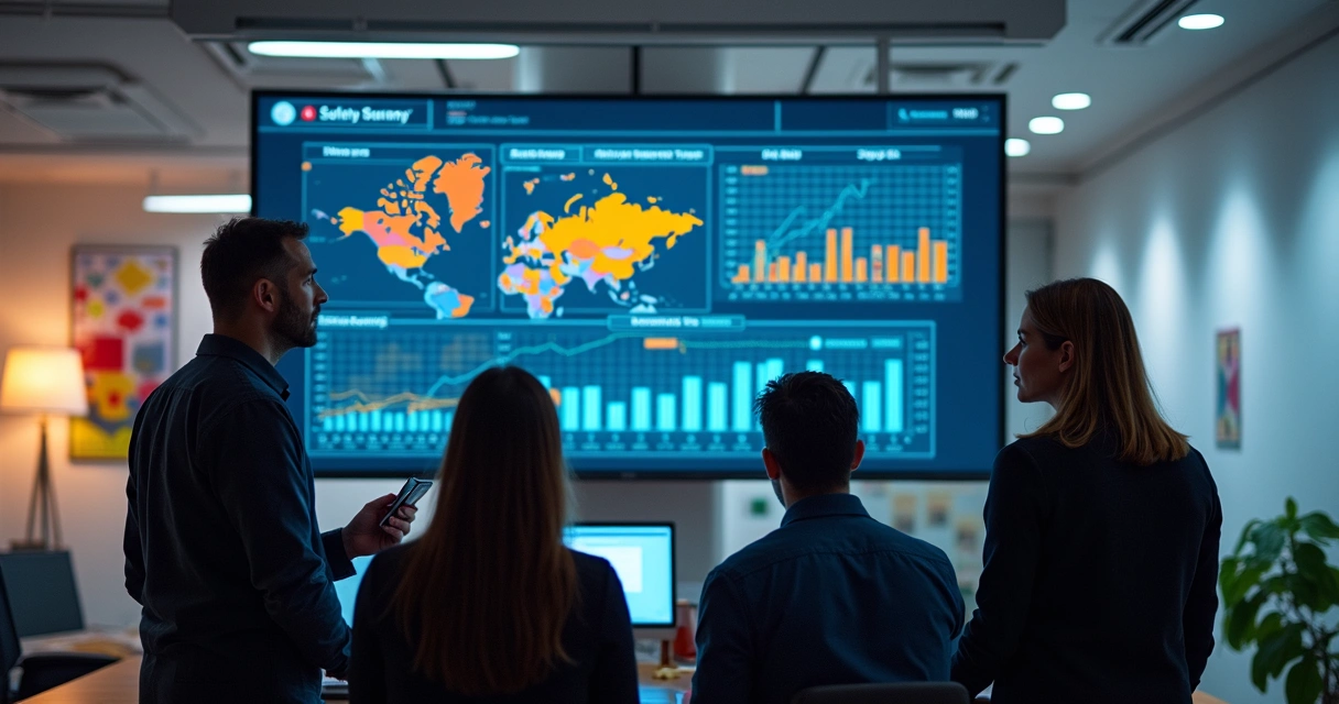 Técnicos de segurança do trabalho analisando dados em tela grande 
