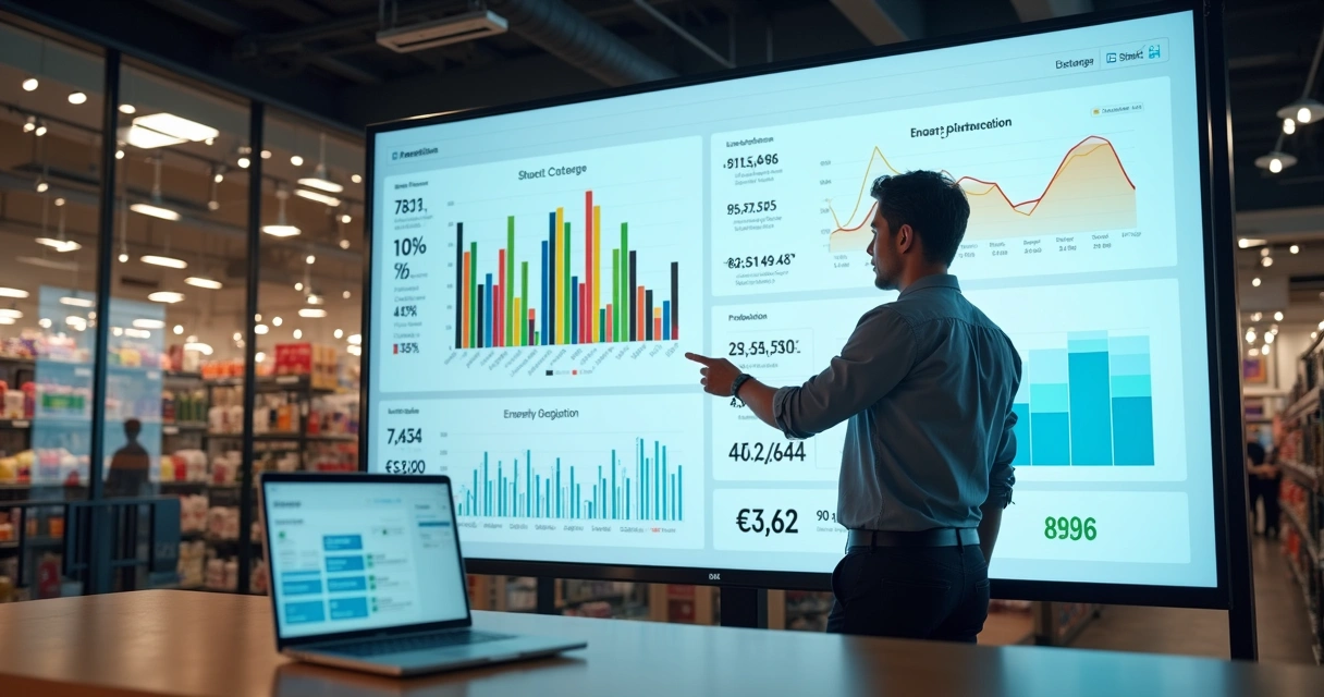 Gestor analisando painel de sell-out e estoque em loja de varejo 