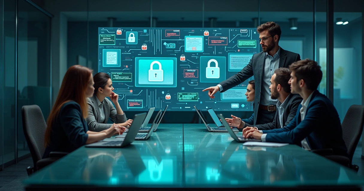 Equipe de TI analisando painel digital com ícones de senhas e cadeados 