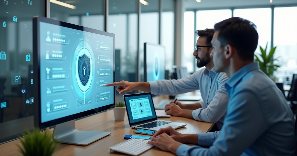 Equipe de pequena empresa olhando painel digital com cadeados e senhas protegidas 