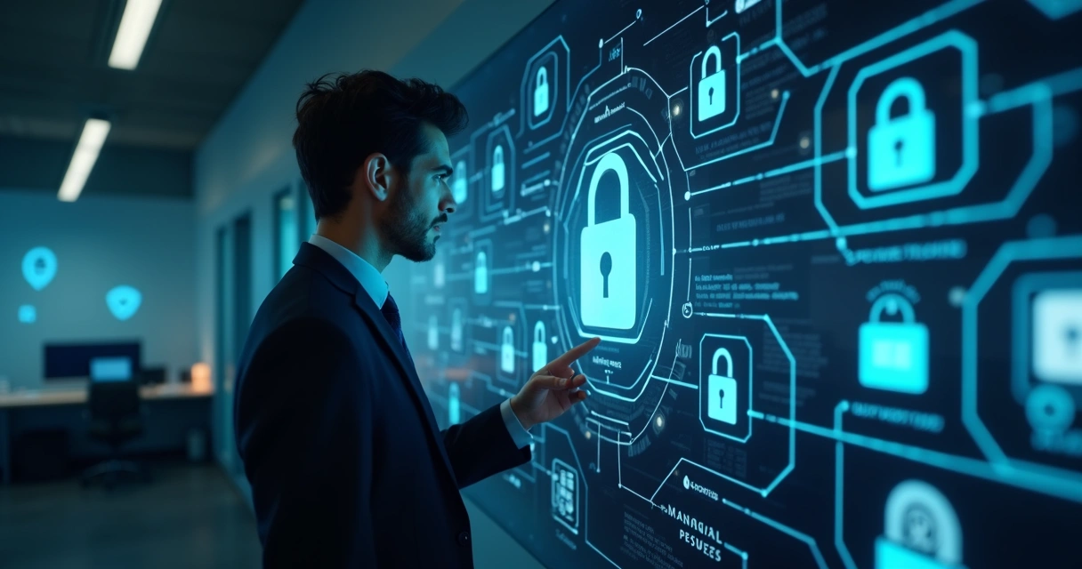 Profissional de TI gerenciando cofre de senhas corporativo em tela digital com elementos de segurança cibernética 
