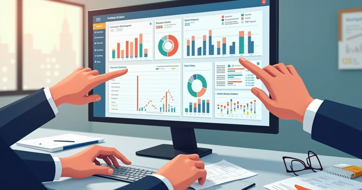 Tela de ERP com módulos de gestão de contratos, financeiro e clientes em destaque. 