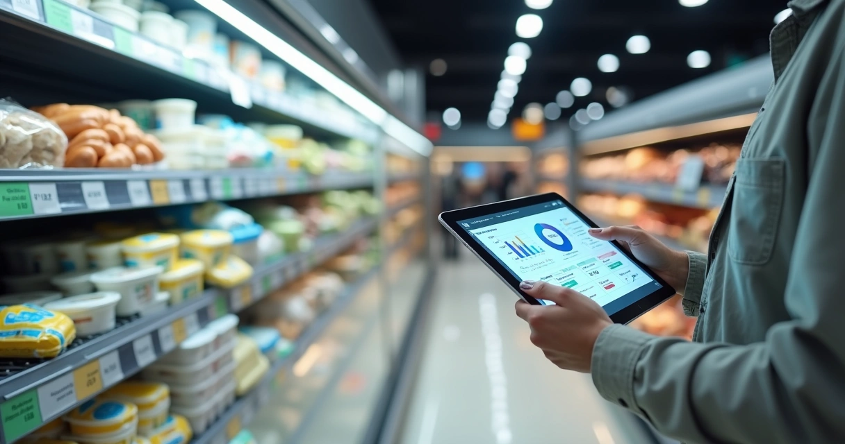 Gestor analisando prazo de validade em tablets diante de gôndola de supermercado 