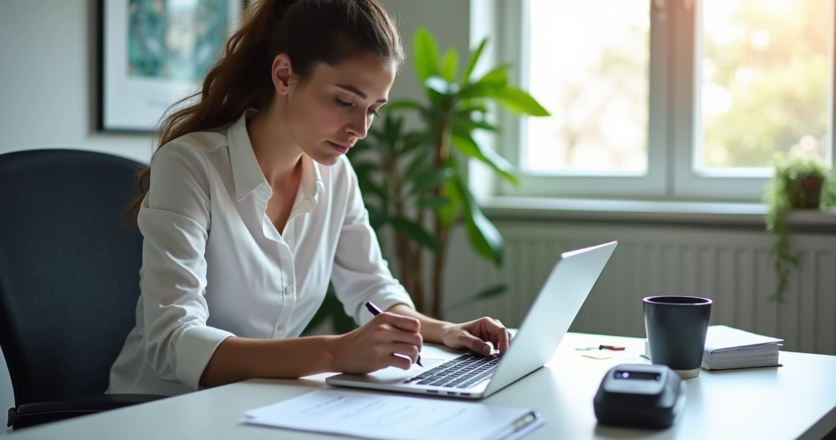 Representante de vendas em frente ao notebook, analisando contatos em CRM simples 