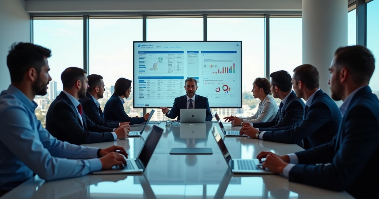 Conselho gestor usando tablet e computador em reunião 