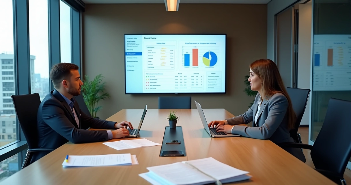 Gestão operacional de condomínio com síndico profissional observando painel de tarefa digital