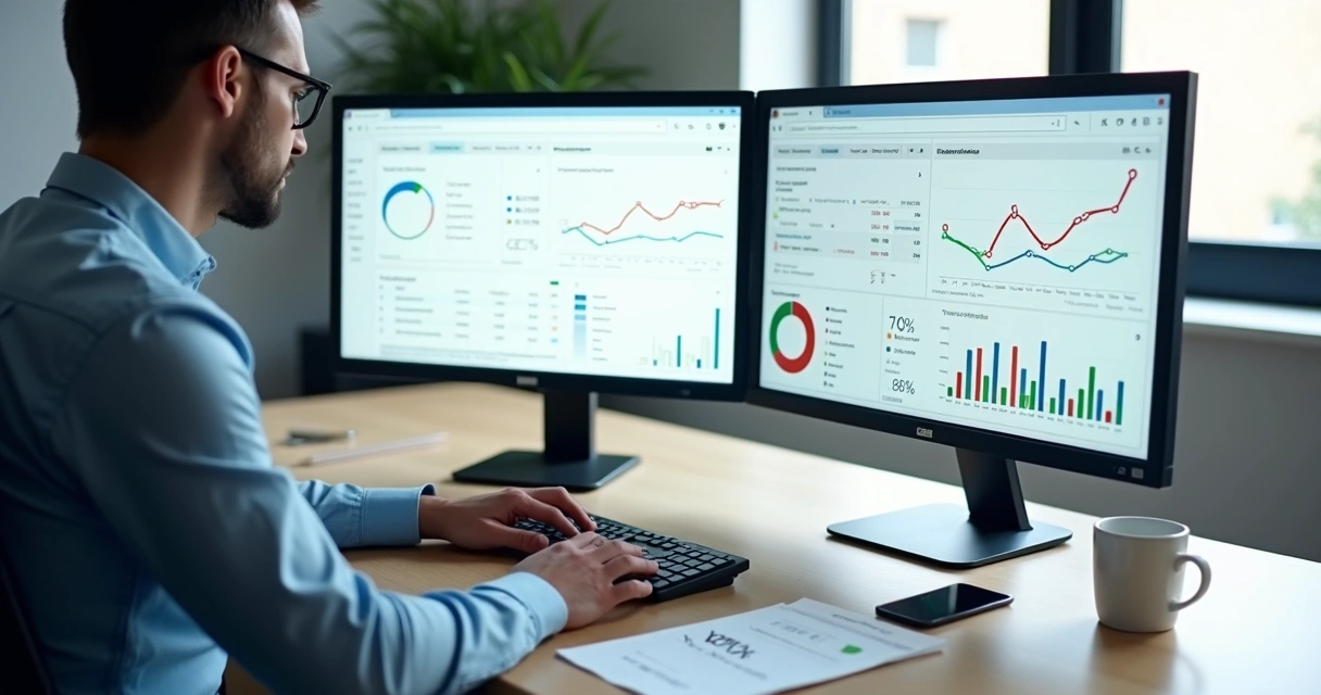 Pessoa em frente ao computador analisando gráficos e indicadores de site 