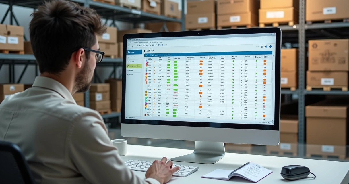 Gestor analisando SKUs em sistema de estoque no varejo 