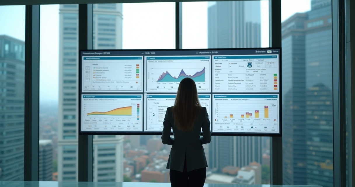 Mulher analisando painel digital com SLAs de diferentes condomínios 