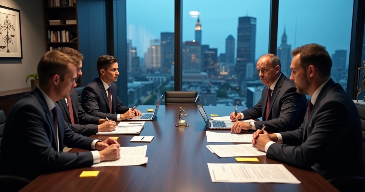 Sócios de escritório de advocacia em reunião analisando documentos societários 