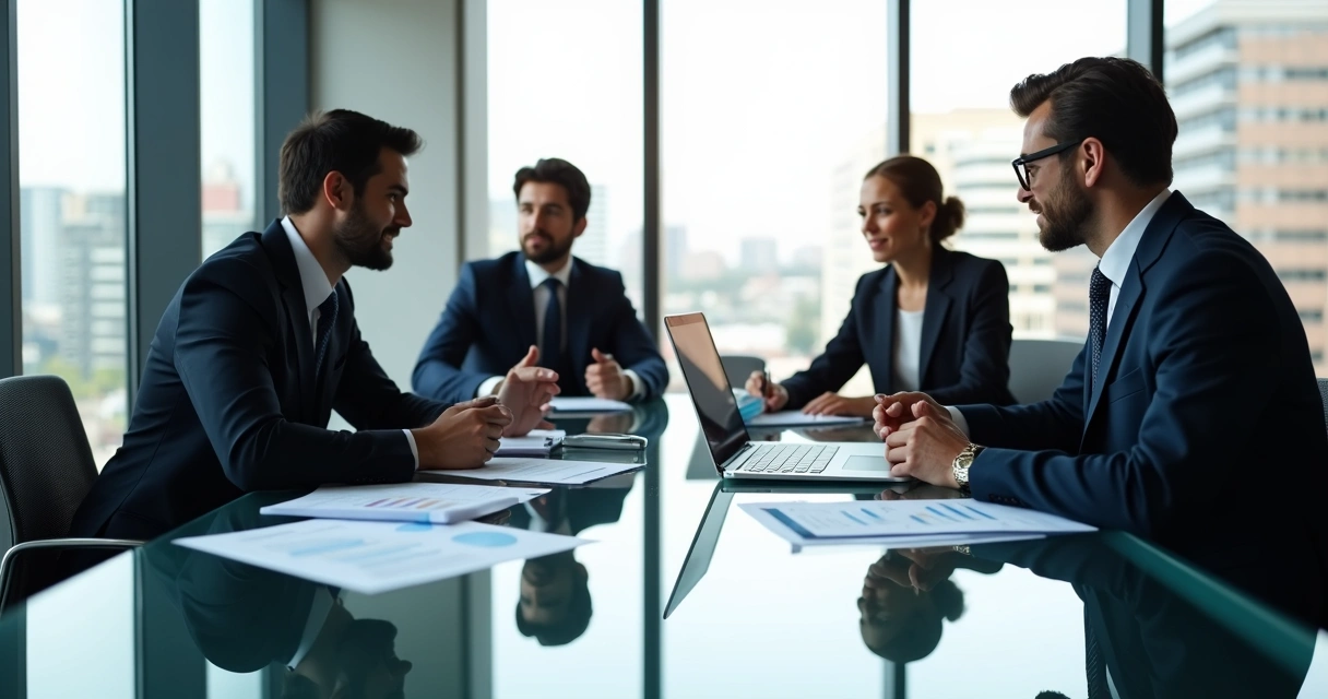 Sócios reunidos em sala de reunião fazendo gestão empresarial 