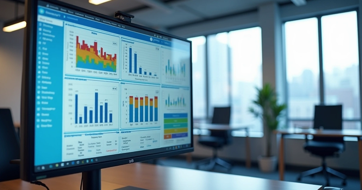 Tela de software com gráficos de gerenciamento de riscos ocupacionais em ambiente corporativo moderno