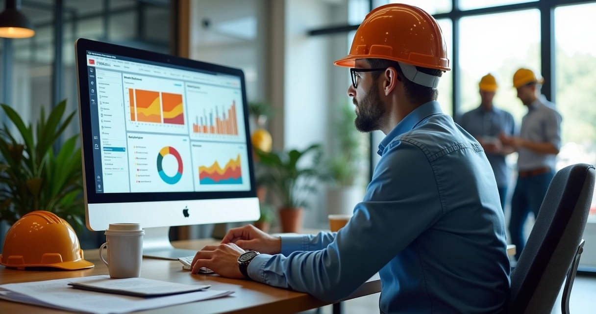 Profissional de SST analisando gráficos em tela de computador com ambiente de escritório ao fundo