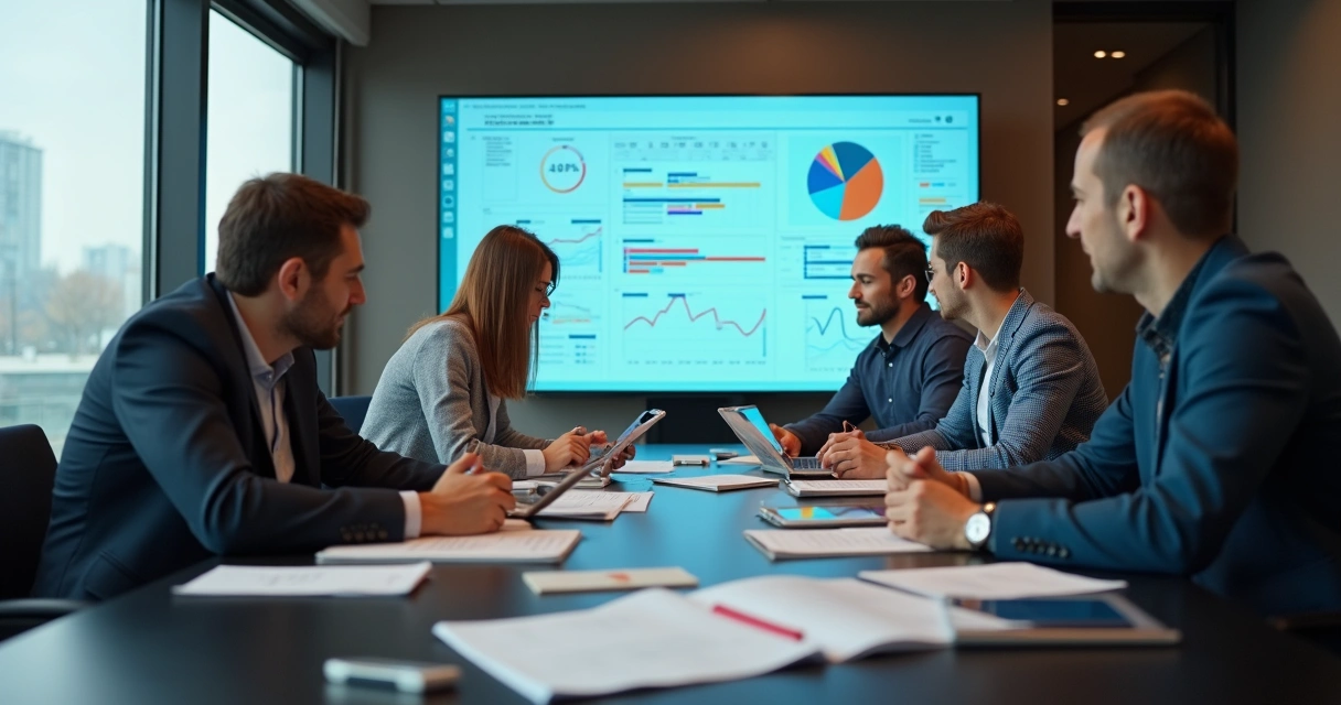 Equipe de contabilidade analisando tarefas urgentes em tela compartilhada 