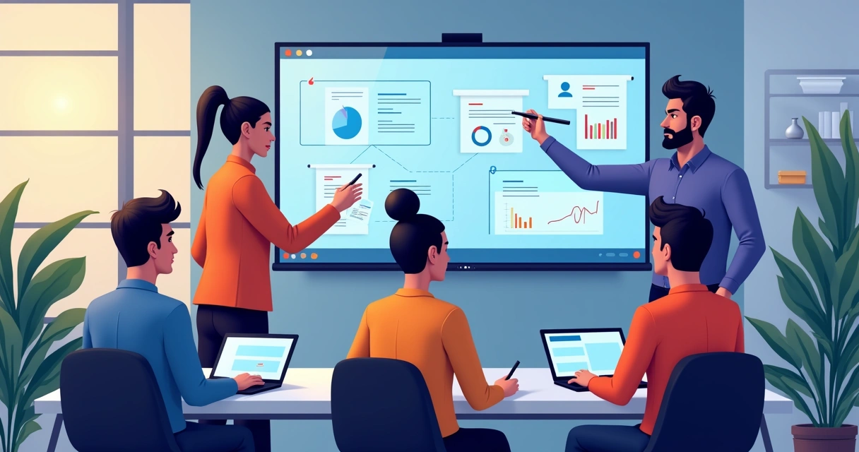 Equipe de tecnologia em trabalho remoto com quadros e laptops