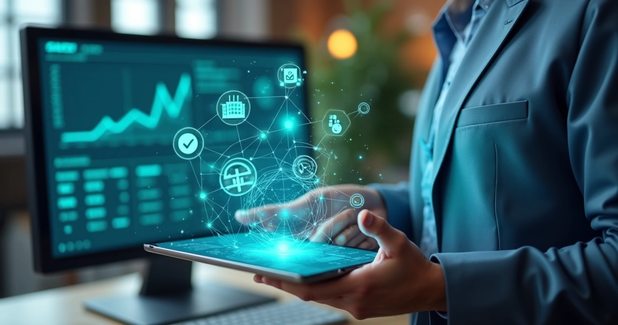 Pessoa usando tablet para gerenciar segurança do trabalho com gráficos e ícones digitais ao redor 