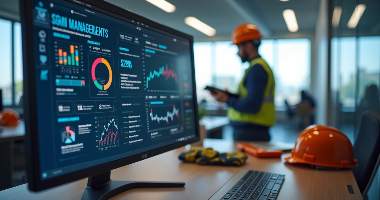 Pessoa usando tablet para gerenciar segurança do trabalho com gráficos e ícones digitais ao redor e capacete (EPI) no cenario