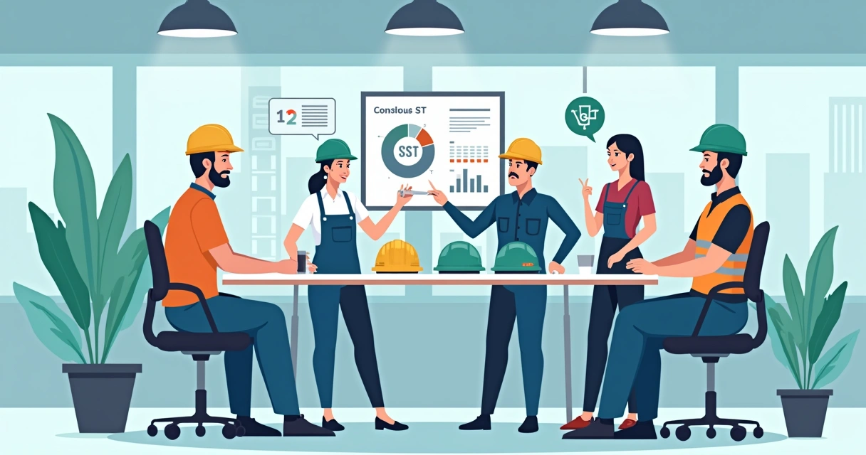 Ilustração corporativa plana de técnicos e engenheiros discutindo gestão de SST em ambiente de trabalho com gráficos e equipamentos de segurança 