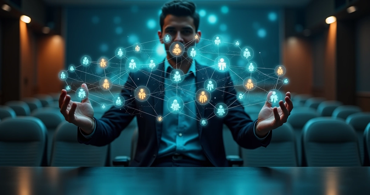 Executivo segurando rede luminosa de conexões entre pessoas em ambiente corporativo moderno 