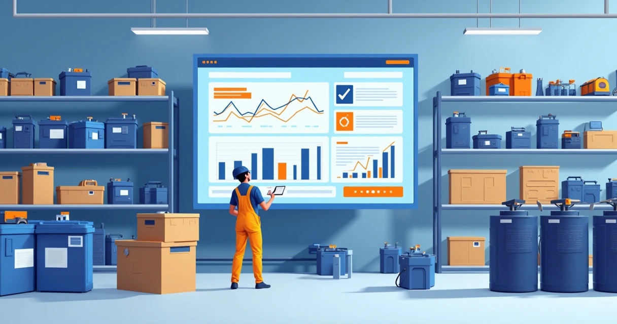 Ilustração corporativa plana de funcionário organizando sucata automotiva e bateria em depósito de oficina, controle digital em tela ao fundo 