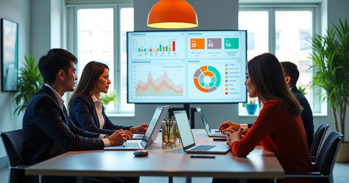 Equipe diversa reunida em escritório moderno discutindo gráficos e resultados no computador, simbolizando gestão de sucesso do cliente 