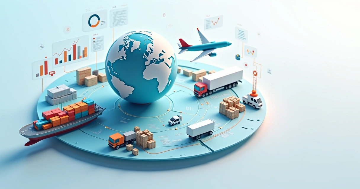 Fluxo logístico global com containers, caminhões e gráficos de desempenho 