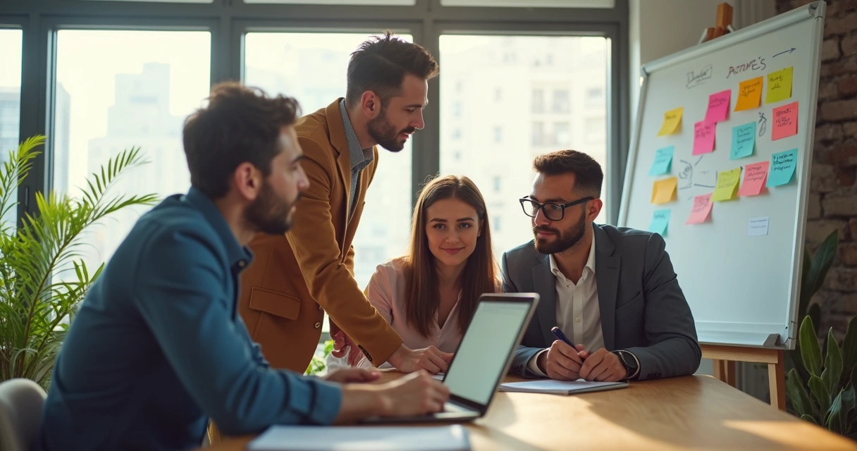 Equipe pequena reunida ao redor de uma mesa discutindo ideias 