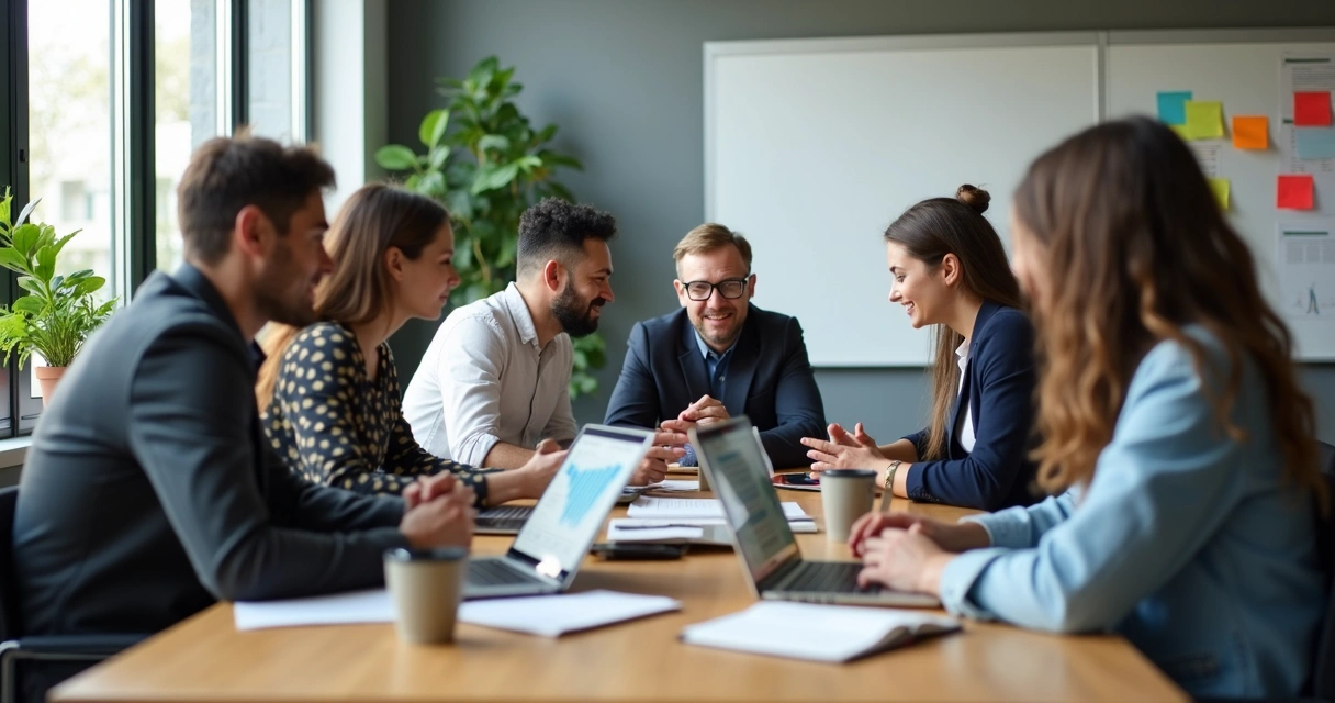 Equipe de trabalho em pequena empresa discutindo gestão de talentos em ambiente moderno 