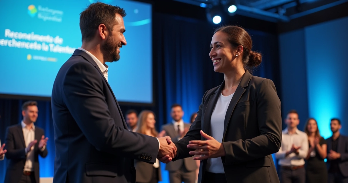 Profissional sendo reconhecido por bom desempenho em evento corporativo