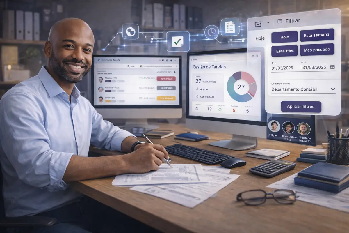 Contador sorridente trabalhando em mesa com documentos e dois monitores exibindo gestão de tarefas e filtros digitais