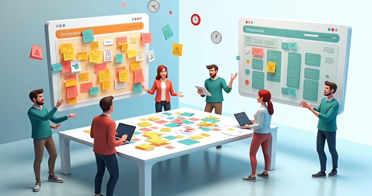 Equipe em mesa de trabalho com tarefas desorganizadas sendo reorganizadas em painel digital 