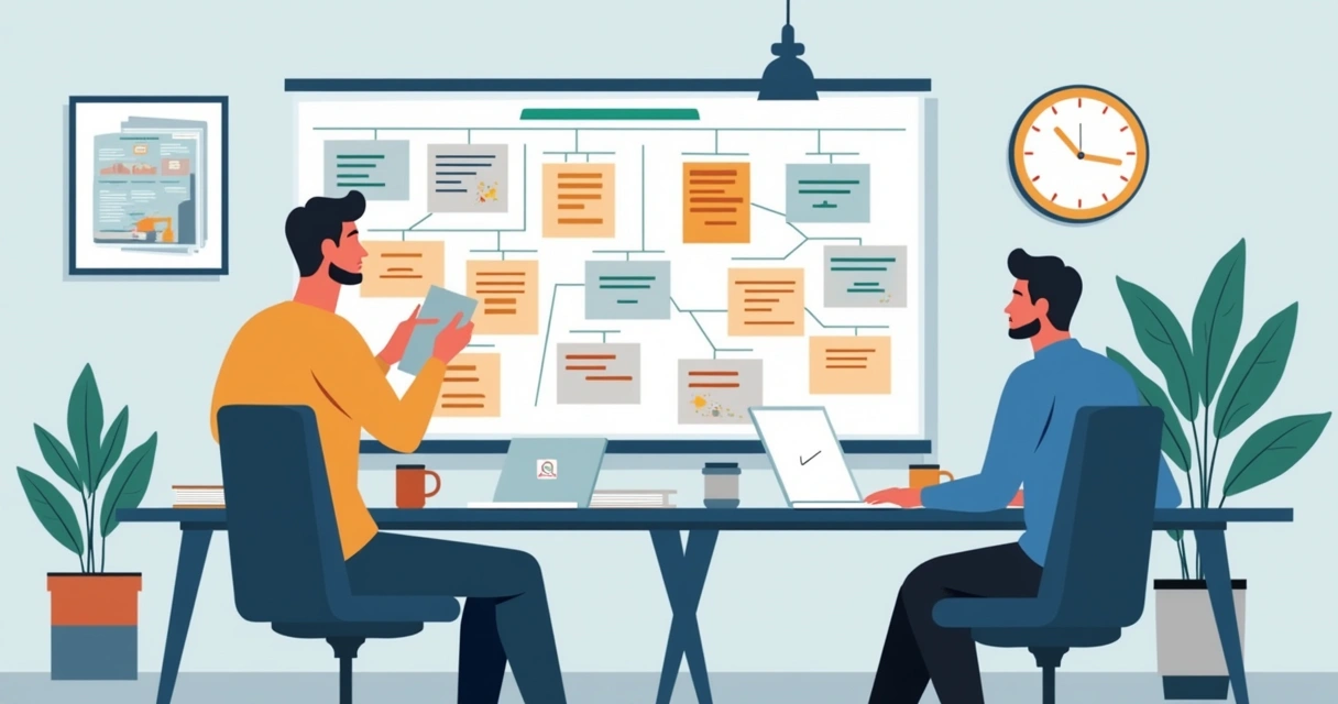 Ilustração corporativa flat mostrando equipe usando quadro Kanban digital para gestão de tarefas em escritório moderno 