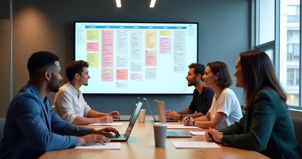 Equipe de PME reunida olhando painel digital de tarefas 