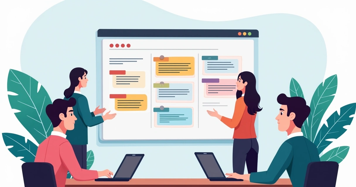 Mural digital de tarefas com equipe de campanha reunida 