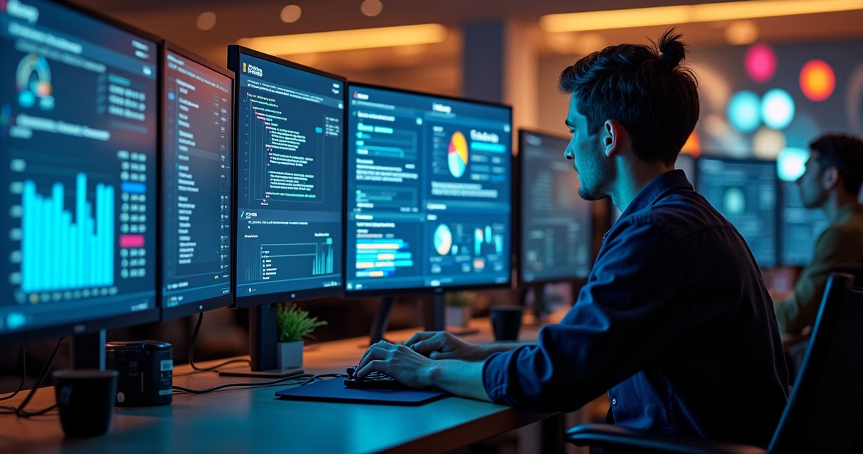 Equipe de atendimento usando computadores e telas grandes com gráficos coloridos de métricas em tempo real e ícones de chat. 