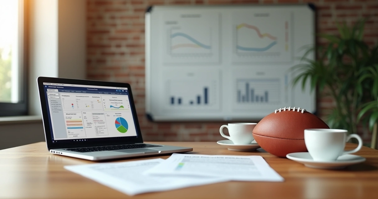 Interface de sistema de gestão escolar em um notebook sobre uma mesa com bola de futebol ao lado 