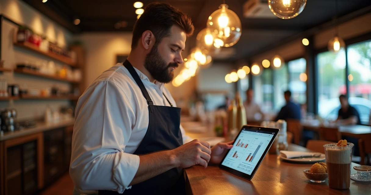 Gestor usando sistema digital para gerir restaurante 