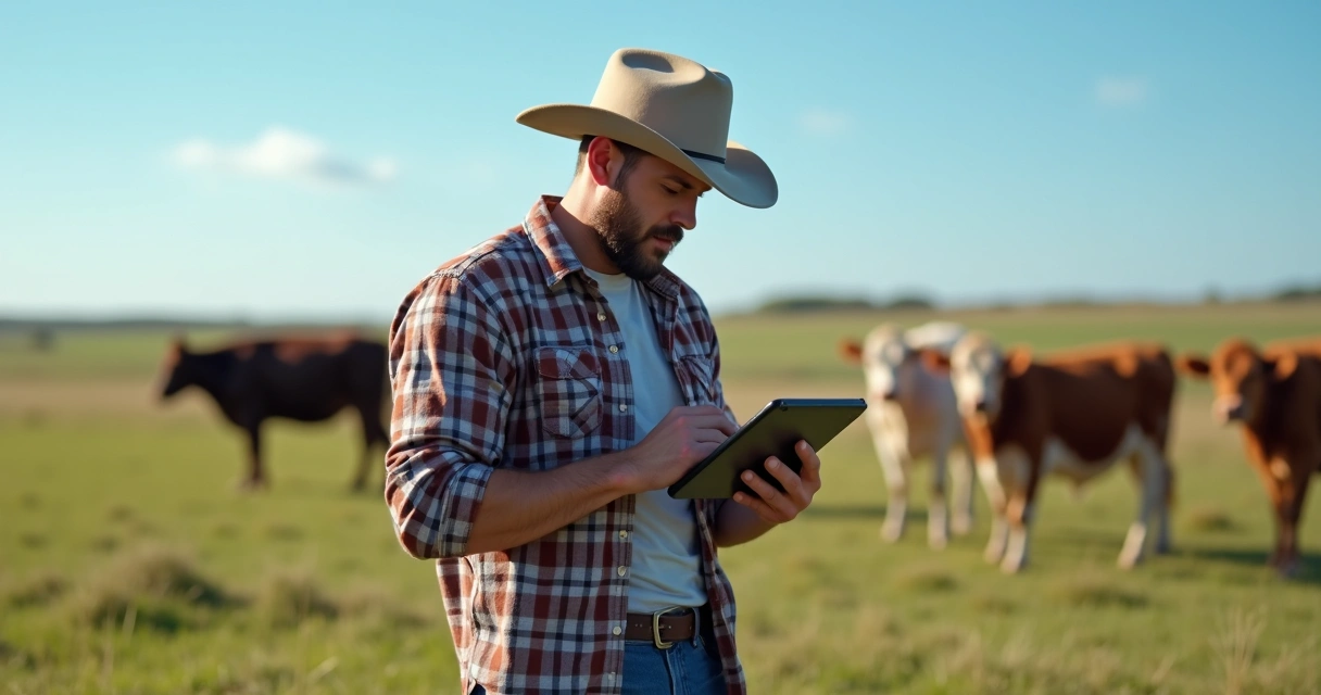 Produtor rural usando tablet para gestão financeira no pasto 