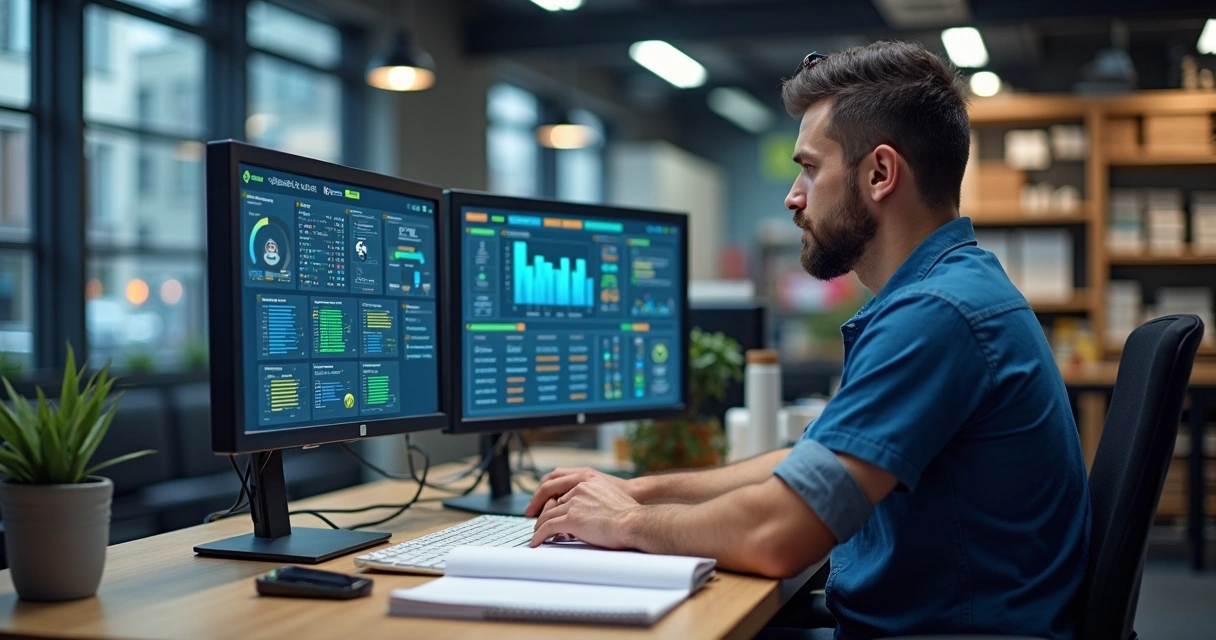 Gestor de loja de baterias analisando dados em computador 