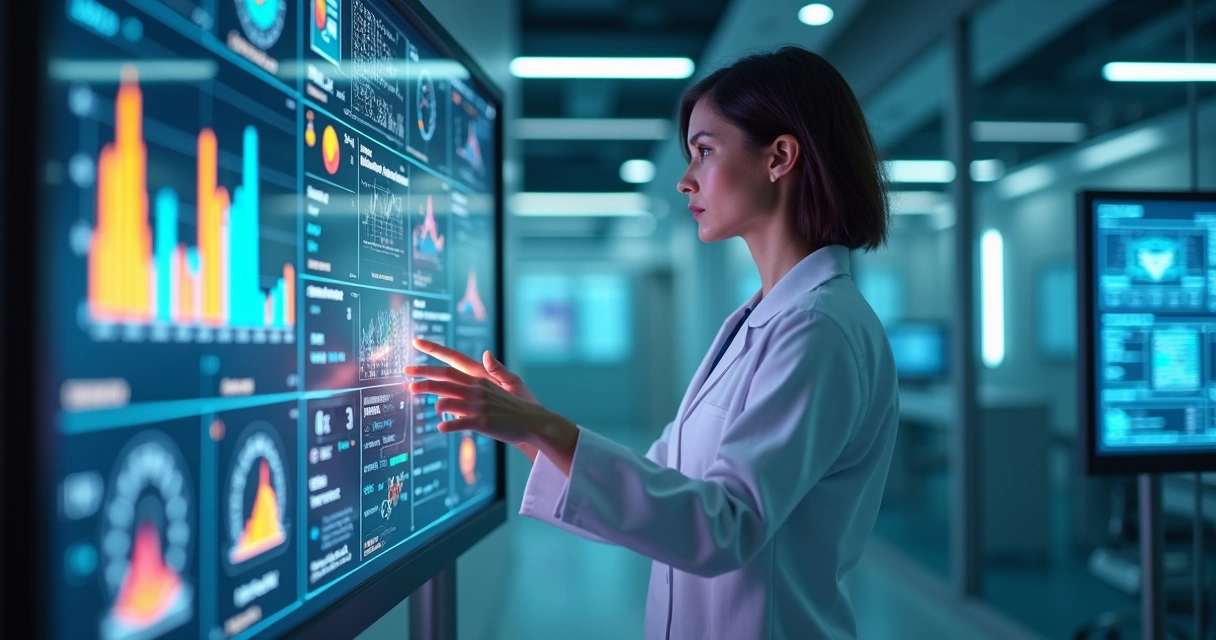 Profissional de saúde analisando dados em tela digital com gráficos e informações tecnológicas ao redor 